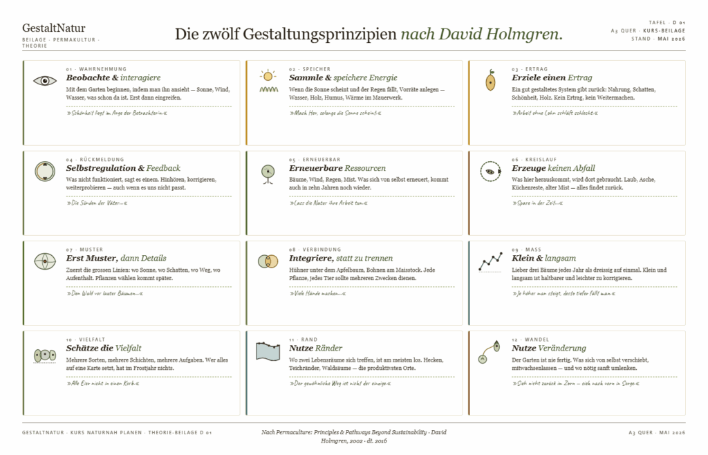 Übersichtstafel von GestaltNatur mit den zwölf Permakultur-Gestaltungsprinzipien nach David Holmgren, dargestellt in zwölf Textfeldern mit Symbolen, Kurzbeschreibungen und Leitsätzen.