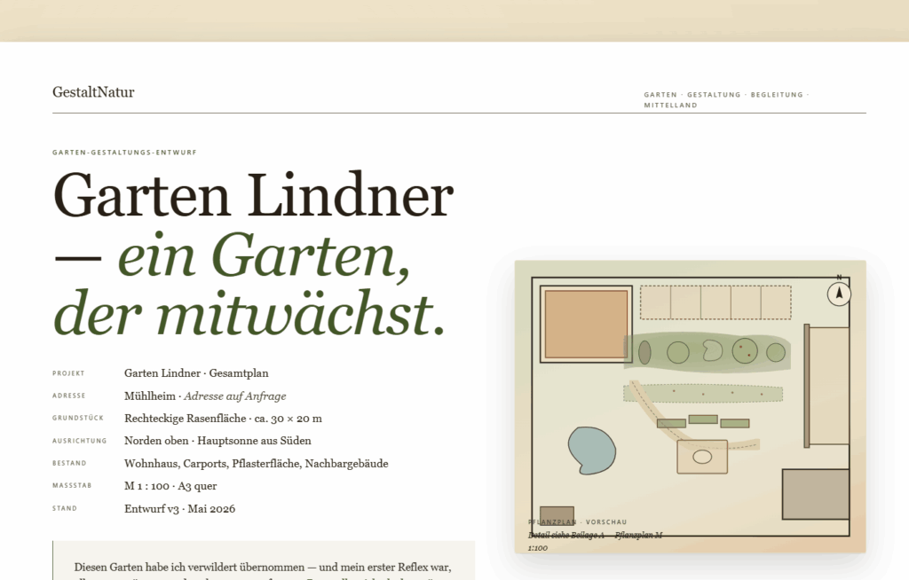 GestaltNatur-Entwurfsseite für das Projekt Garten Lindner mit grossem Titel, Projektdaten und einer kleinen Pflanzplan-Vorschau eines naturnah gestalteten Gartens.